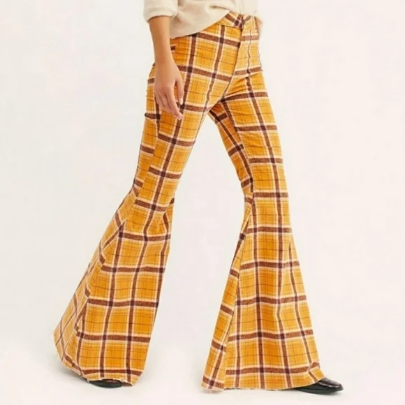 Free People Just Float On Wide Flare Bell Bottom Corduroy Pants Mustard Plaid 26 - Picture 2 of 16